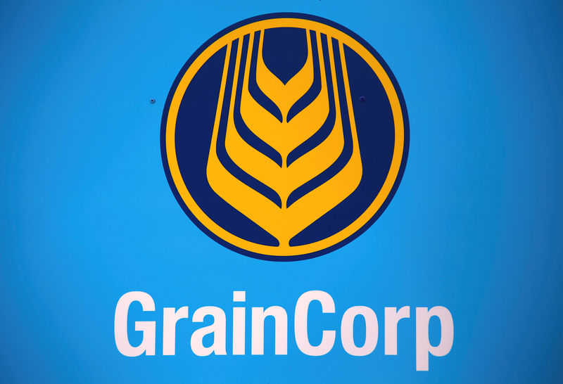 © Reuters. FILE PHOTO: The logo for GrainCorp, Australia's largest listed bulk grain handler, adorns a sign at the Burren Junction depot located in the New South Wales town of Burren Junction, located north-west of Sydney in Australia