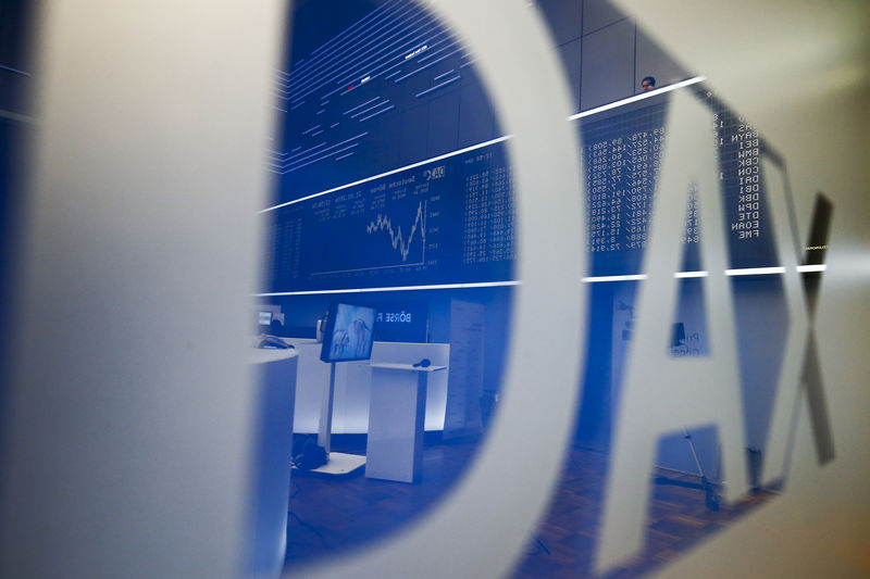 © Reuters. The DAX board is reflected in the logo at the stock exchange in Frankfurt