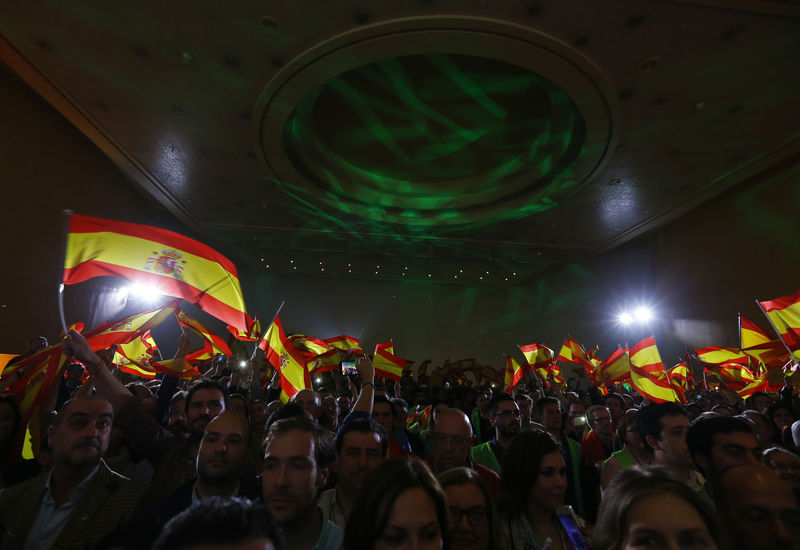 © Reuters. Supporters of Spain's far-right VOX party celebrate results after the Andalusian regional elections in Seville