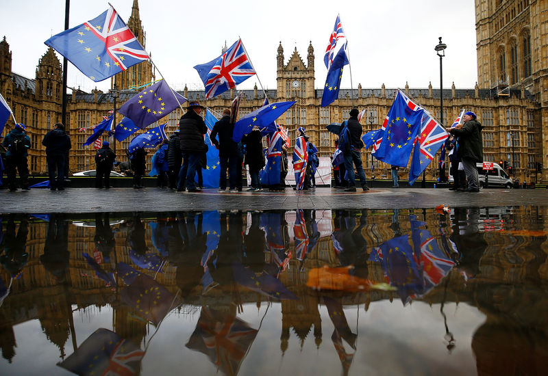 © Reuters. Anti-Brexit demonstrators protest outside the Houses of Parliament in London