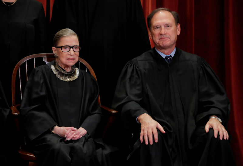 © Reuters. FILE PHOTO: U.S. Supreme Court Associate Justices Ginsburg and Alito pose for group portrait at the Supreme Court in Washington