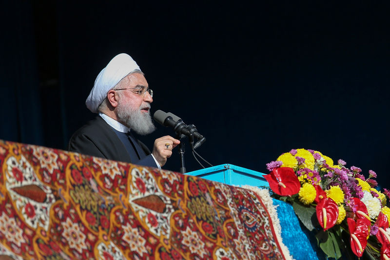 © Reuters. Iranian President Hassan Rouhani gives a public speech during a trip to the northern Iranian city of Shahroud