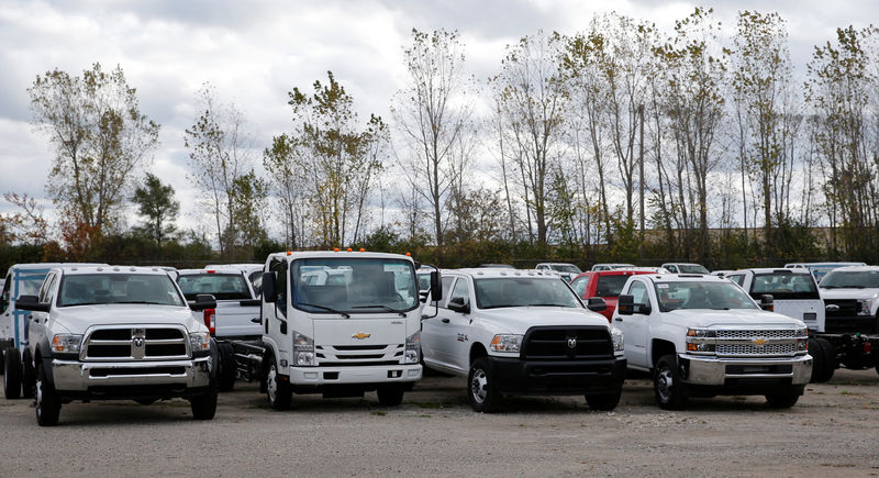 © Reuters. Chassis Cab trucks sit in a lot waiting to be upfitted for commercial use in Flint, Michigan