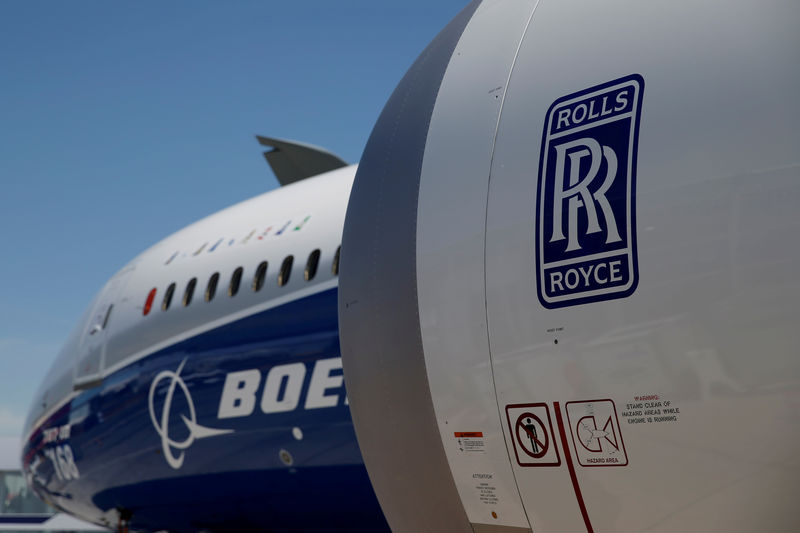© Reuters. FILE PHOTO: A Rolls Royce jet engine is seen on Boeing 787-10 on the static display during the 52nd Paris Air Show at Le Bourget Airport near Paris