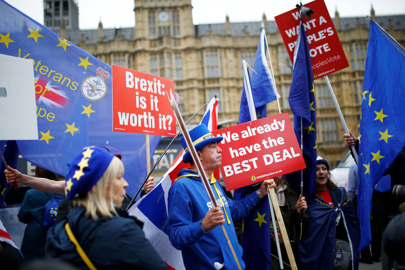 © Reuters. Anti-Brexit demonstrators wave flags and placards during a protest opposite the Houses of Parliament, London