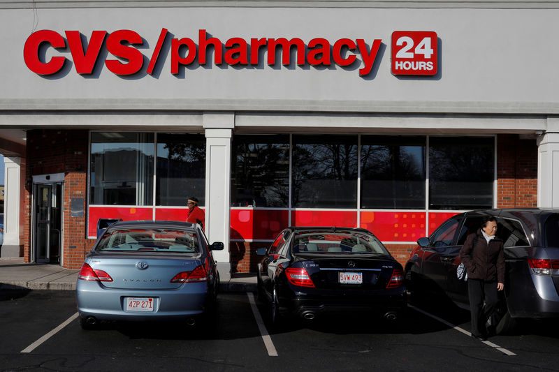 © Reuters. FILE PHOTO: Shoppers walk outside a CVS store and pharmacy in Medford