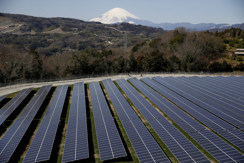 © Reuters. FILE PHOTO: Solar panels are seen at a solar power facility as snow covered Mount Fuji is background in Nakai town, Japan