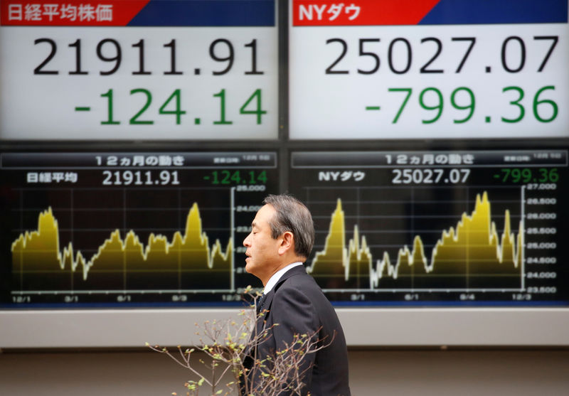© Reuters. Прохожий у электронного табло с котировками индекса Nikkei и Dow Jones в Токио