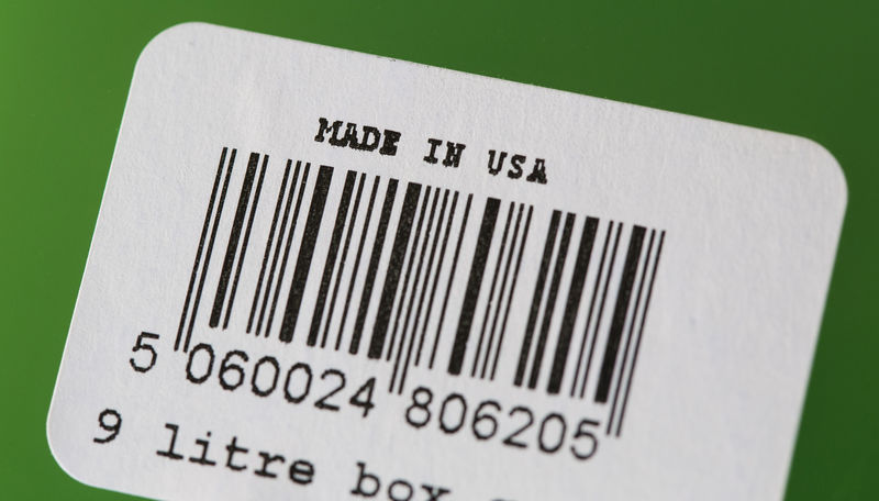 © Reuters. A barcode label with "Made In U.S.A." written on it is pictured on a plastic tote in San Diego, California