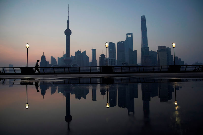 © Reuters. FILE PHOTO - A security guard walks on the bund in front of the financial district of Pudong in Shanghai
