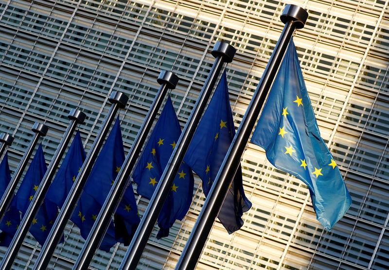 © Reuters. FILE PHOTO:  EU flags are seen outside the EU Commission headquarters in Brussels