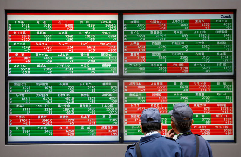 © Reuters. FILE PHOTO: Men look at stock quotation boards outside a brokerage in Tokyo