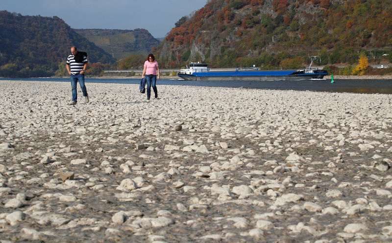© Reuters. FILE PHOTO: A couple walks through the dried out river bed of the Rhine near Bacharach