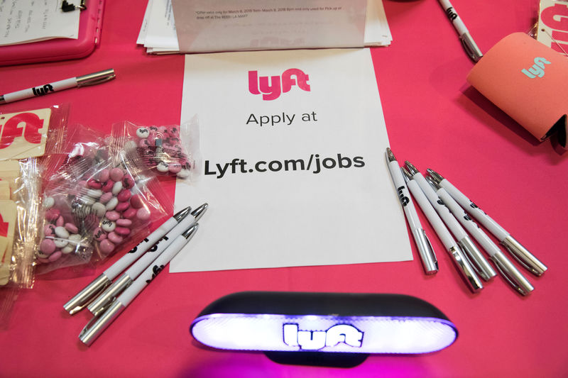 © Reuters. The Lyft booth is seen at TechFair in Los Angeles