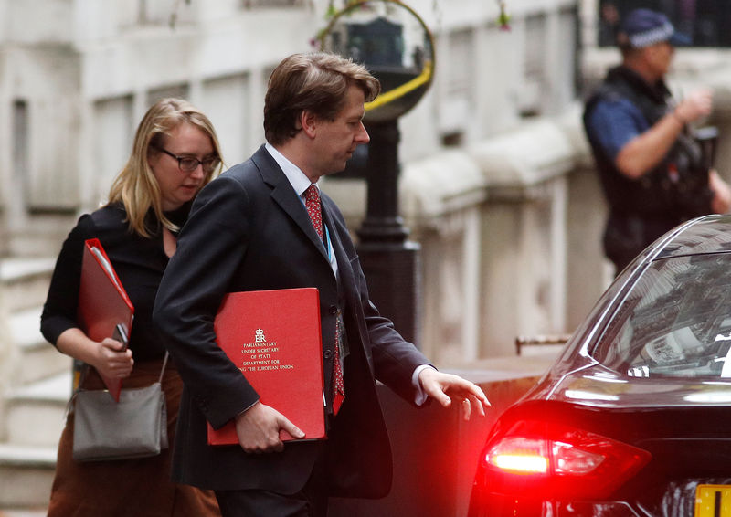 © Reuters. Robin Walker, junior minister at the Department for Exiting the Eurpean Union, holds his ministerial folder as he leaves Downing Street in London