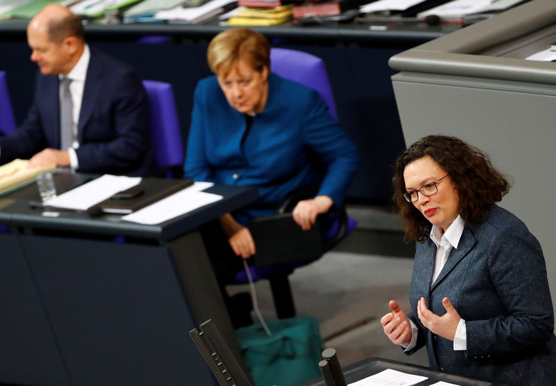© Reuters. German Social Democratic Party (SPD) leader Andrea Nahles speaks during a session at the lower house of parliament Bundestag in Berlin