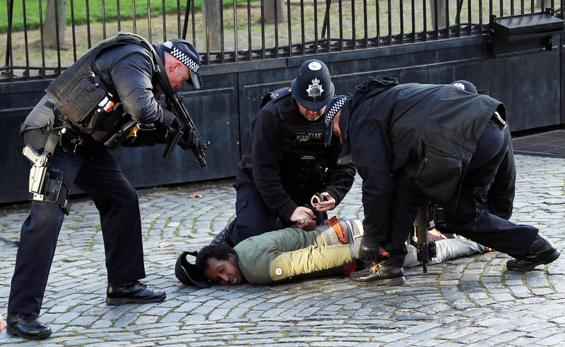 © Reuters. Armed police handcuff a man after tasering him inside the grounds of the Houses of Parliament in London