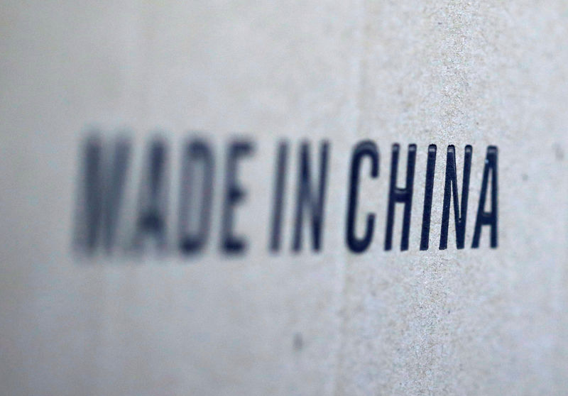 © Reuters. Words 'Made in China' are pictured on a box of products imported from China at a wholesale shop in Paris