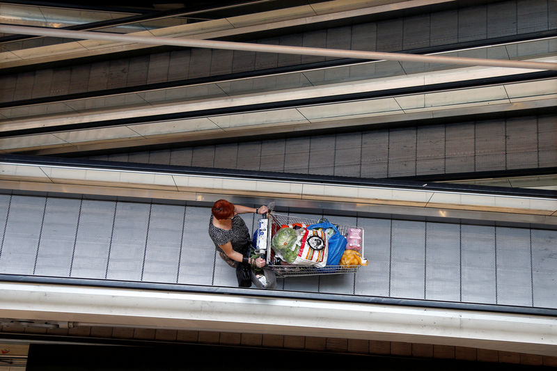 © Reuters. FILE PHOTO:  A customer pushes a shopping trolley on an escalator at the Bercy shopping centre in Charenton Le Pont, near Paris