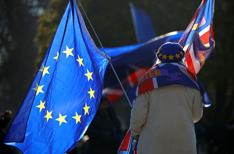 © Reuters. A pro-EU supporter holds flags outside the Houses of Parliament in Westminster London