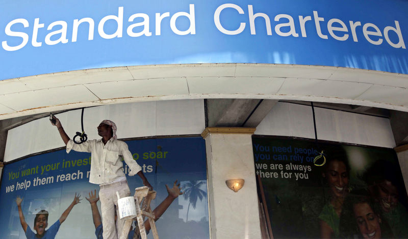 © Reuters. A labourer paints the wall of a Standard Chartered bank in Mumbai