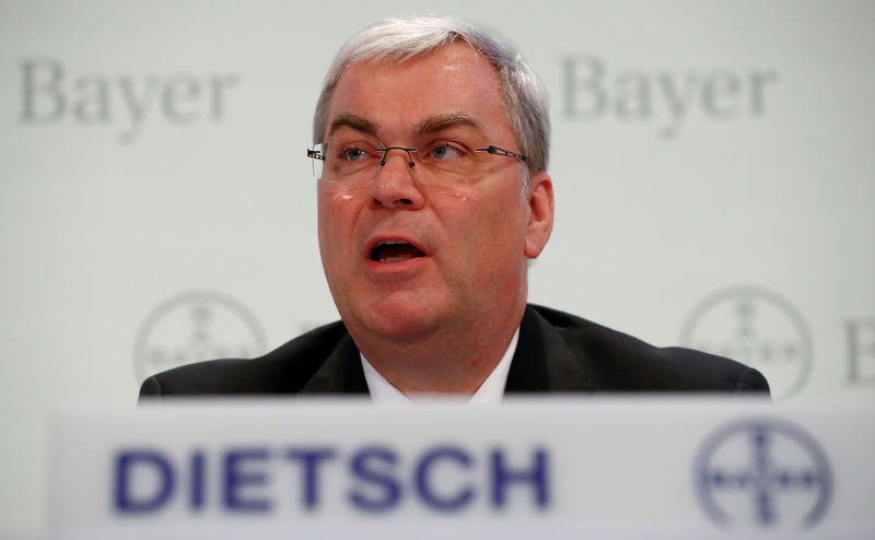 © Reuters. Bayer CFO Dietsch is addressing the media during the annual results news conference in Leverkusen