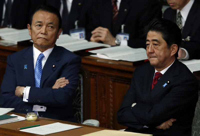 © Reuters. FILE PHOTO: Japan's Prime Minister Abe and Japan's Deputy Prime Minister and Finance Minister Aso sit at the lower house of the parliament in Tokyo