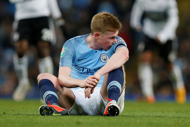 © Reuters. El jugador del Manchester City Kevin De Bruyne en un encuentro frente al Fulham por la copa Carabao en Manchester