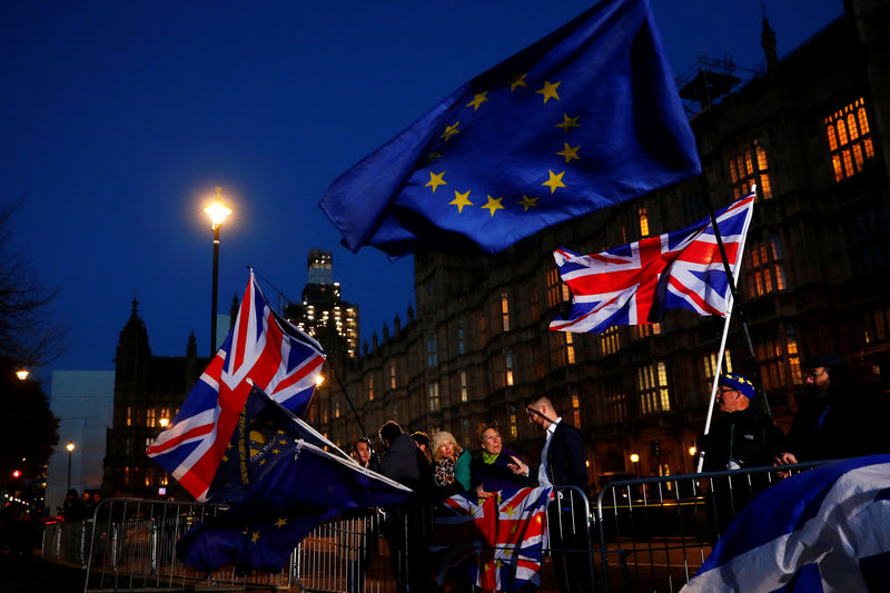© Reuters. Demonstrators waving flags stand outside the Houses of Parliament, in central London