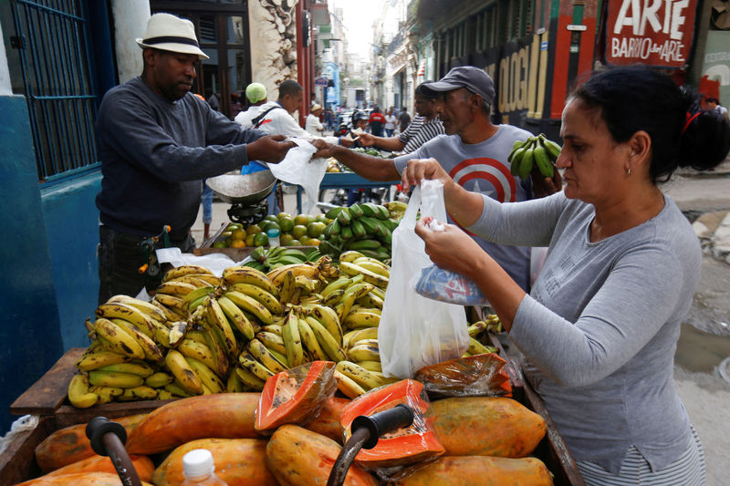 © Reuters. FILE PHOTO: Self-employed Valentin Traba, 45, sells fruits on the street in downtown Havana