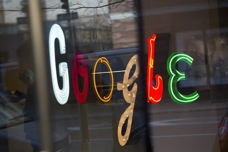 © Reuters. FILE PHOTO: Google signage seen at the company's offices in New York