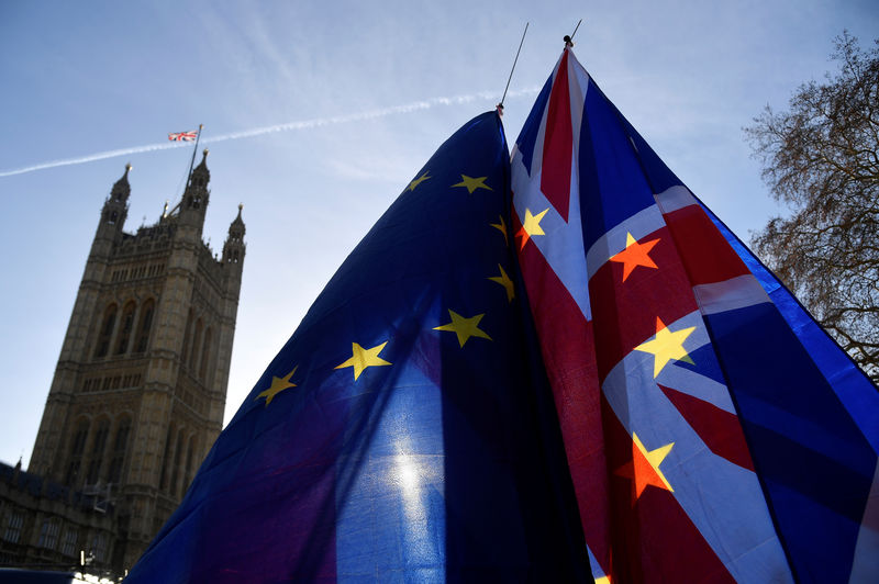 © Reuters. Demonstrators hold EU and Union flags during an anti-Brexit protest opposite the Houses of Parliament in London