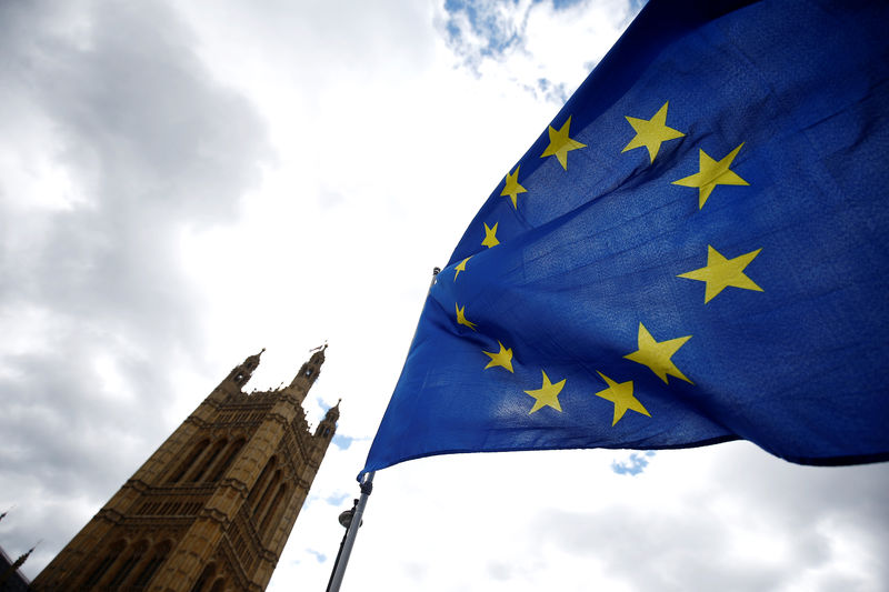 © Reuters. Anti-Brexit demonstrators wave EU flags opposite the Houses of Parliament, in London