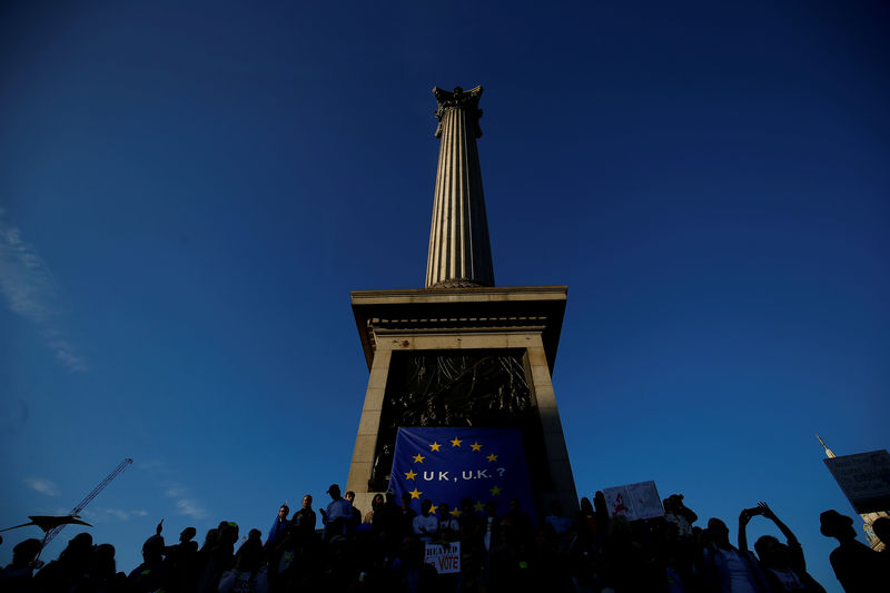 © Reuters. Protesters participating in an anti-Brexit demonstration march sit at the base of Nelson's Column, in Trafalgar Square, in central London