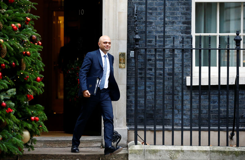 © Reuters. Britain's Home Secretary Sajid Javid leaves Downing Street, London