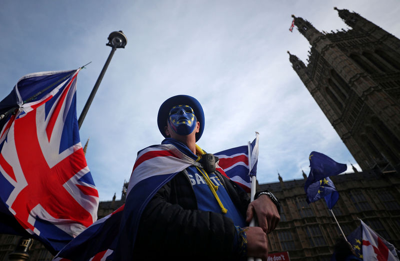 © Reuters. Pro-EU supporters hold flags outside the Houses of Parliament in Westminster London