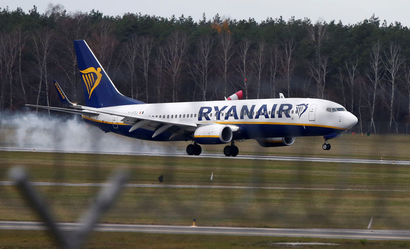 © Reuters. FILE PHOTO: A Ryanair aircraft lands at the airport in Modlin near Warsaw, Poland