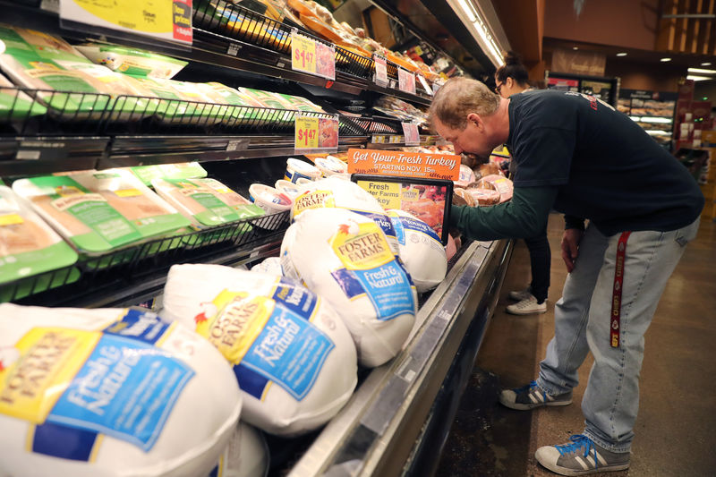 © Reuters. A customer shops for Thanksgiving ham at a grocery store in Los Angeles