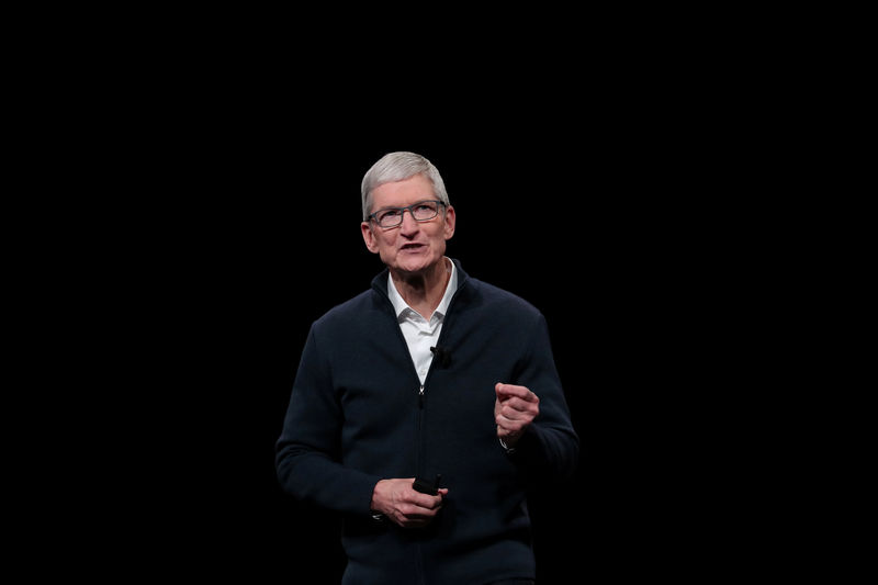 © Reuters. FILE PHOTO: Apple CEO Tim Cook speaks during an Apple launch event in the Brooklyn borough of New York