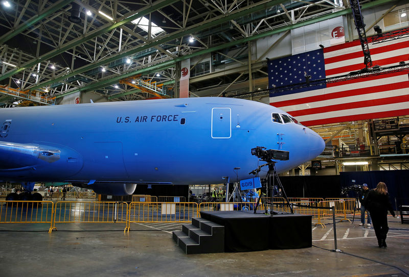 © Reuters. FILE PHOTO:  The Boeing KC-46 Pegasus aerial refueling tanker is bathed in blue light before a delivery celebration to the U.S. Air Force in Everett, Washington