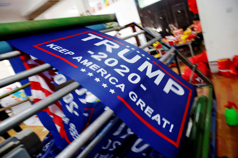 © Reuters. FILE PHOTO: Flags for U.S. President Donald Trump's "Keep America Great!" 2020 re-election campaign are seen at Jiahao flag factory in Fuyang