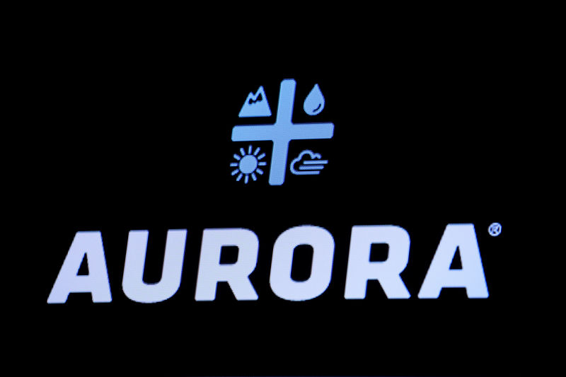 © Reuters. The Logo for Aurora Cannabis Inc., a Canadian licensed cannabis producer, is displayed on a screen on the floor of the NYSE in New York