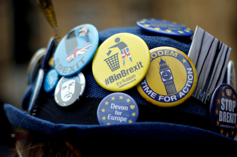 © Reuters. Broches anti-Brexit presos em chapéu de manifestante em frente ao Parlamento britânico, em Londres