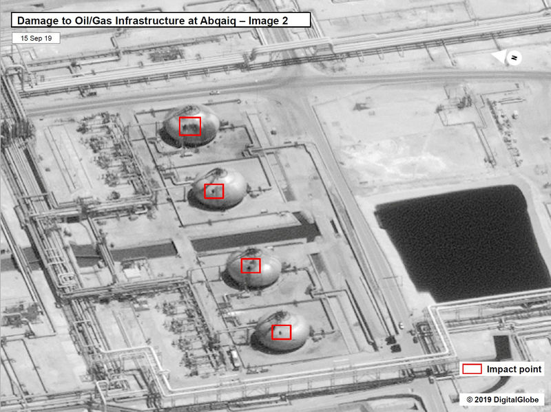 © Reuters. A satellite image showing damage to oil/gas Saudi Aramco infrastructure at Abqaiq