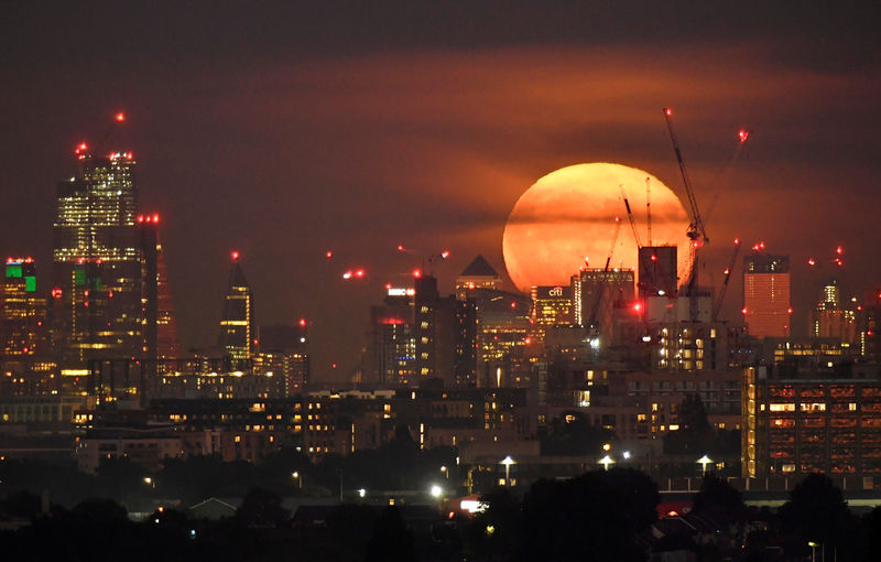 © Reuters. The full moon is seen rising behind skyscrapers at Canary Wharf and the London skyline, London, Britain