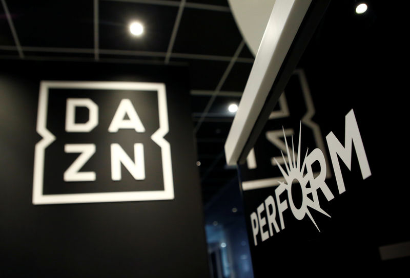 © Reuters. Internet streaming service DAZN's logo and Perform Group's logo is pictured in DAZN's office in Tokyo