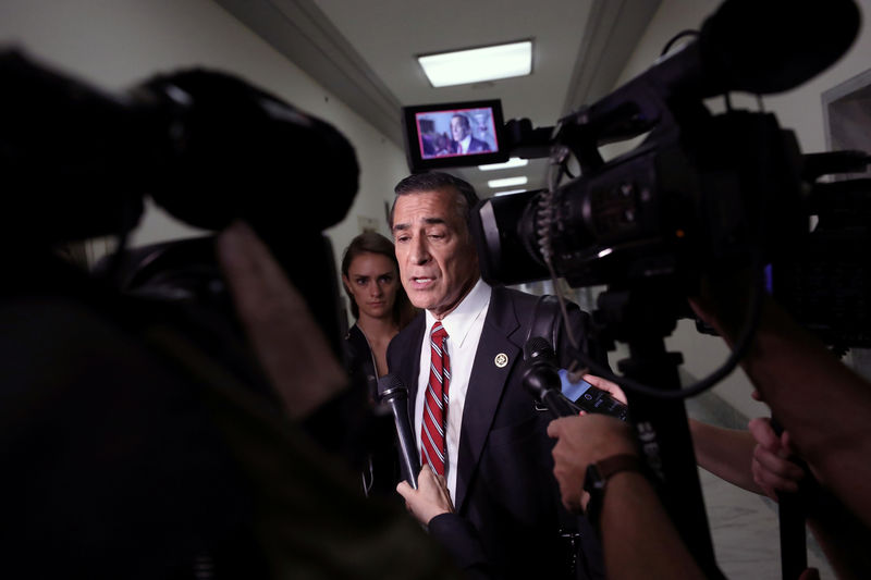 © Reuters. FILE PHOTO: Former Rep Darrell Issa speaks to journalists on Capitol Hill in Washington
