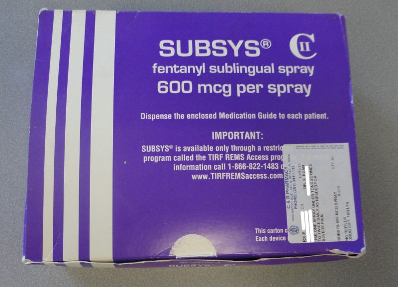 © Reuters. A box of the Fentanyl-based drug Subsys, made by Insys Therapeutics Inc, is seen in an undated photograph provided by the U.S. Attorney's Office for the Southern District of Alabama
