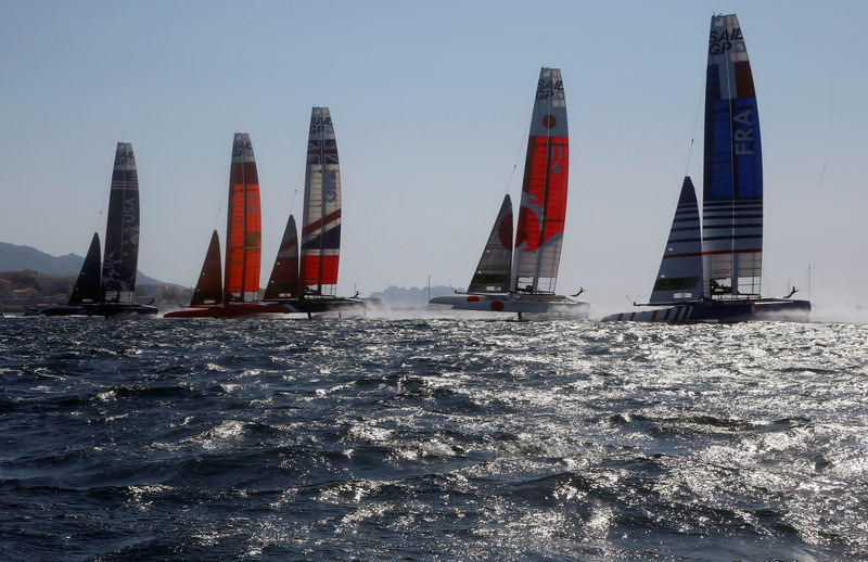 © Reuters. SailGP Teams compete during the start of the day one of the SailGP event in Marseille