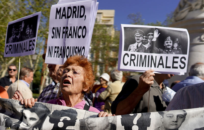 © Reuters. Manifestantes protestam do lado de fora da Suprema Corte da Espanha contra sepultamento de Francisco Franco em catedral de Madri